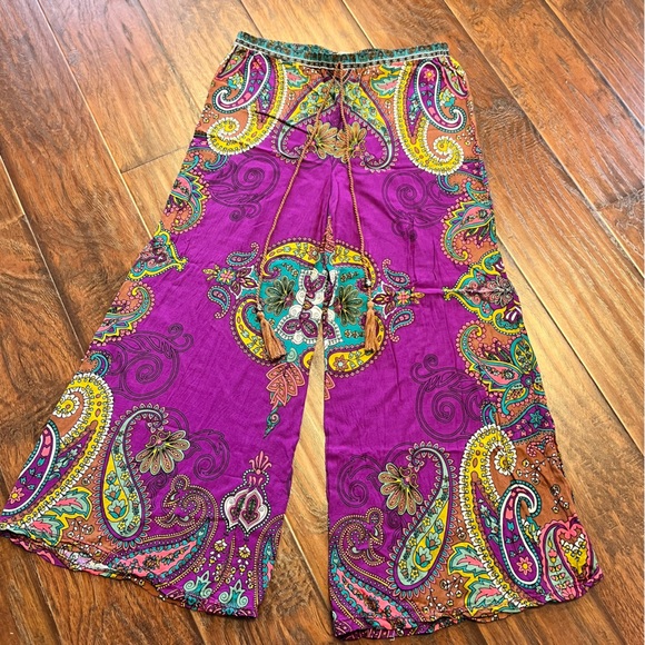 Flying Tomato Pants - Flying Tomato Purple Floral Paisley Hippie Boho Wide Leg Pants size L